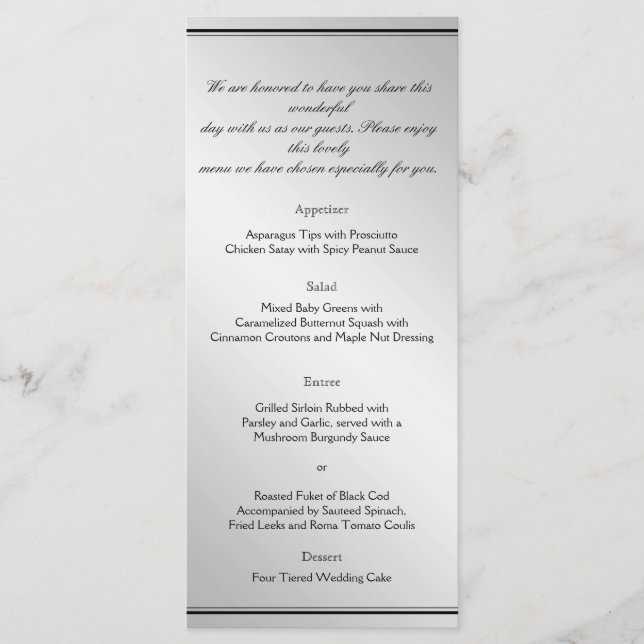 Silver Elegance Wedding Menu Menükarte (Vorderseite)