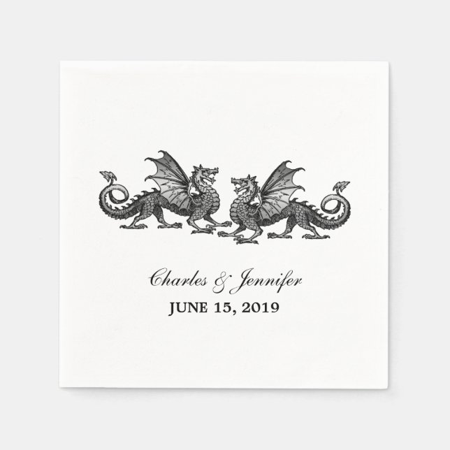 Silver Elegant Dragons Wedding Paper Napkins Serviette (Vorderseite)