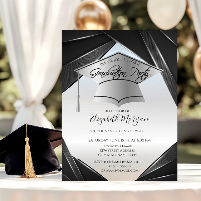 Silver Elegant Grad Cap Abschluss Einladung (Von Creator hochgeladen)