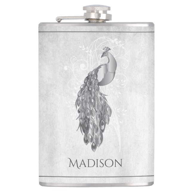 Silver Elegant Peacock Flask Flachmann (Vorderseite)