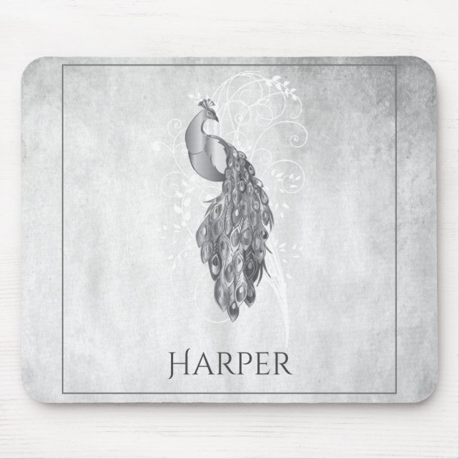 Silver Elegant Peacock Personalisiert Mouse Pad Mousepad (Vorne)