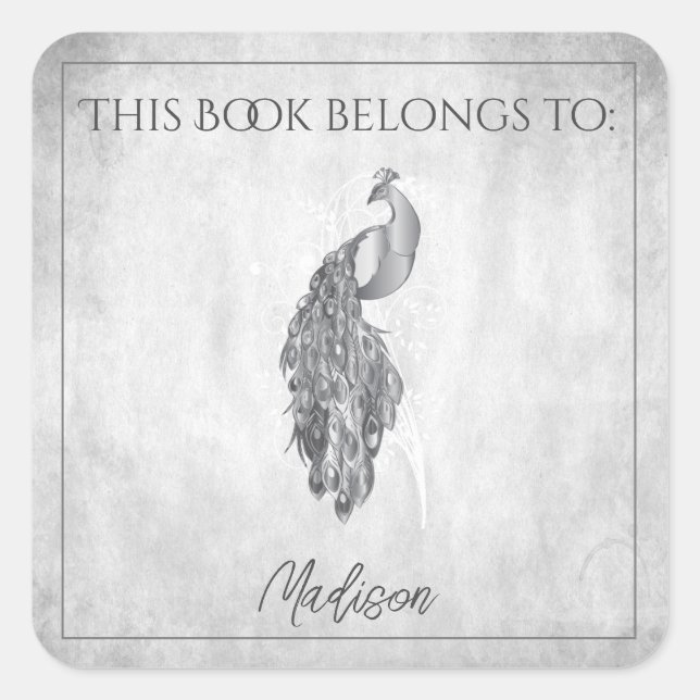 Silver Elegant Pfauenbuchaufkleber Quadratischer Aufkleber (Vorderseite)