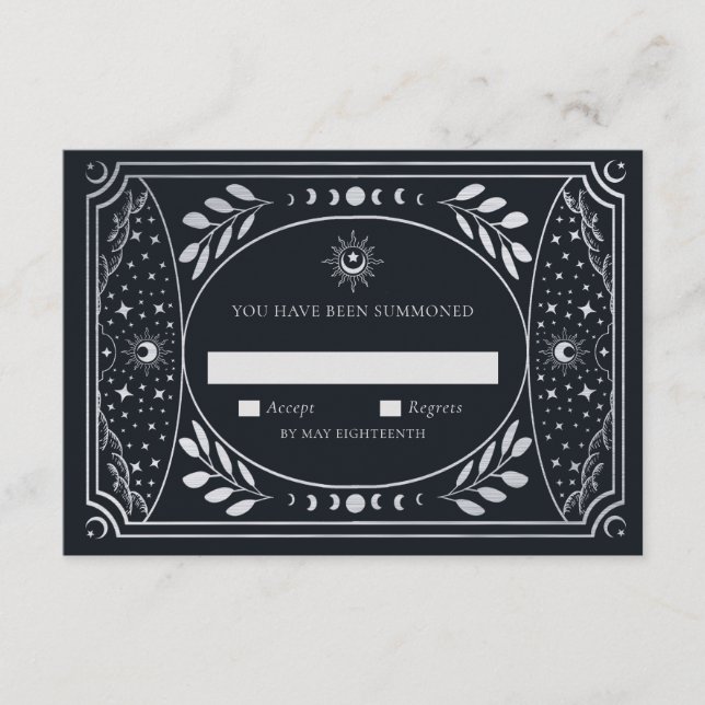 Silver Elegant Tarot Card Wedding RSVP Begleitkarte (Vorderseite)