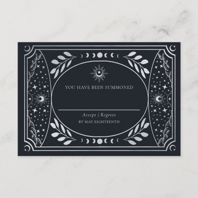 Silver Elegant Tarot Card Wedding RSVP Begleitkarte (Vorderseite)