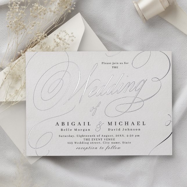 Silver elegante klassische Kalligraphie Vintage Ho Folieneinladung (Silver elegant classic calligraphy vintage wedding foil invitation)