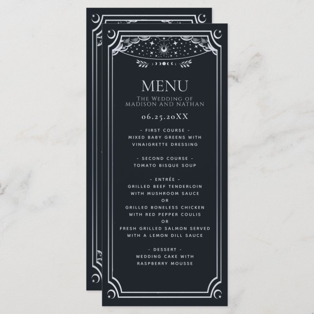 Silver Elegante Tarot Card Gotische Hochzeit Menükarte (Vorne/Hinten)