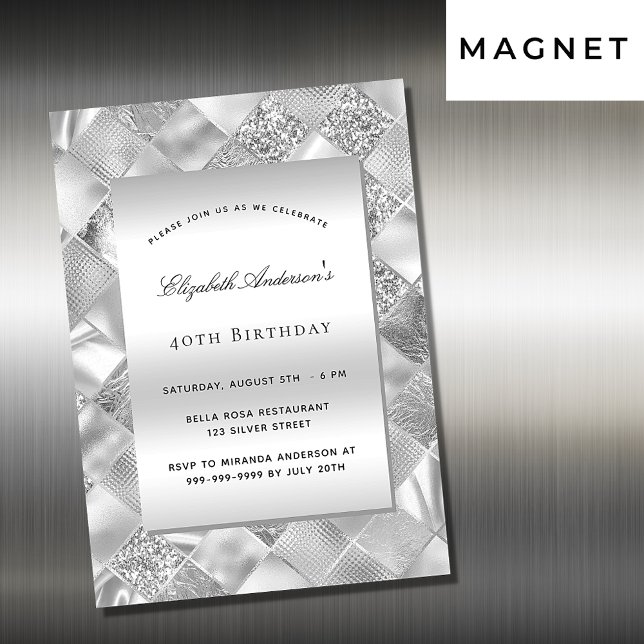 Silver eleganter, moderner Luxus Geburtstag Magneteinladung (Von Creator hochgeladen)
