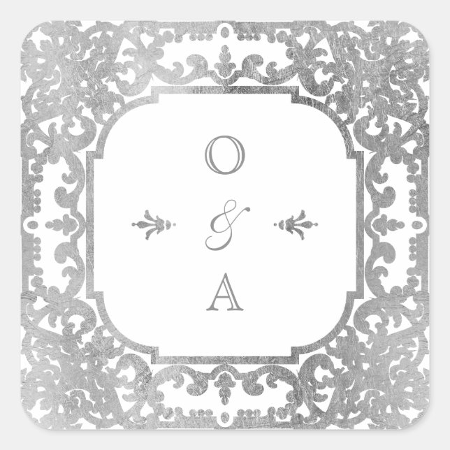 Silver eleganter verzierter Jahrgang Hochzeit Mono Quadratischer Aufkleber (Vorderseite)