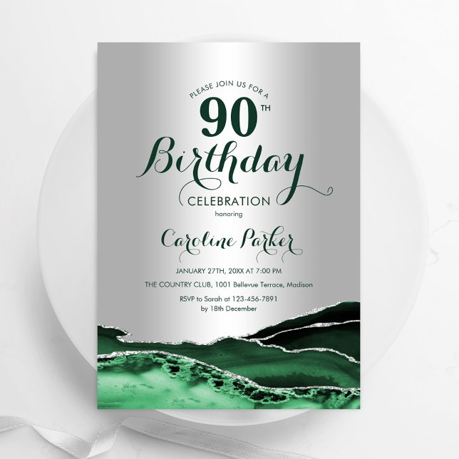 Silver Emerald Green Agate Marble 90. Geburtstag Einladung (Von Creator hochgeladen)