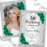 Silver Emerald Green Foto 50. Geburtstag Einladung<br><div class="desc">Elegante florale feminine 50. Geburtstagseinladung mit Ihrem Foto auf der Kartenrückseite. Glam-Design mit Imitaten Glitzer Silber. Verfügt über silberne Streifen, smaragdgrüne Rose, Skript-Schriftart und Konfetti. Ideal für ein stilvolles Party für Erwachsene. Personalisieren Sie Ihre persönlichen Daten. Kann für jedes Alter angepasst werden! Gedruckte Zazzle Einladungen oder Sofortdownload digitalen druckbaren Vorlage....</div>