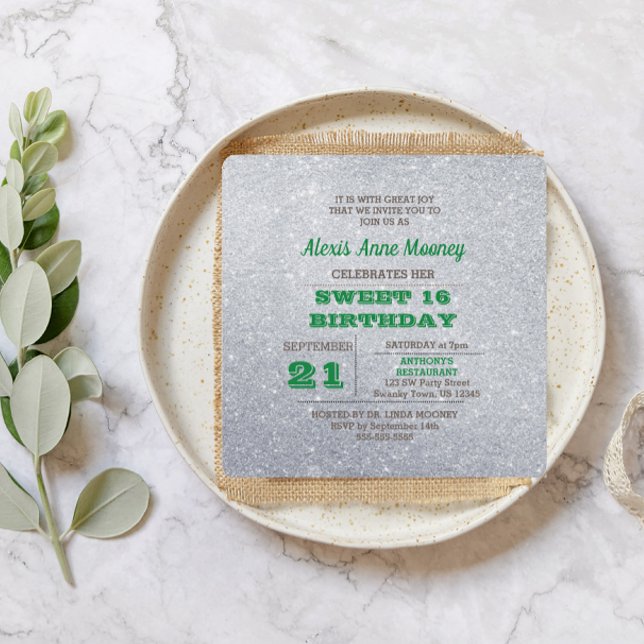 Silver & Emerald Green Funkelnd Sweet 16 Einladung (Von Creator hochgeladen)