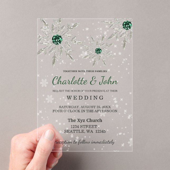 Silver Emerald Green Schneeflocken Winter Wedding Acryleinladungen (Insitu (Handheld))