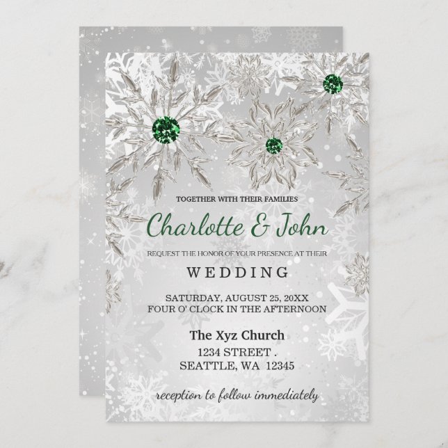 Silver Emerald Green Schneeflocken Winter Wedding Einladung (Vorne/Hinten)