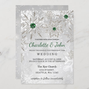 Silver Emerald Green Schneeflocken Winter Wedding Einladung