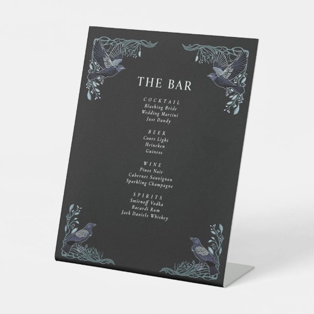 Silver Enchanted Raven Gothic Wedding Bar Menu Sockelschild (Vorderseite)