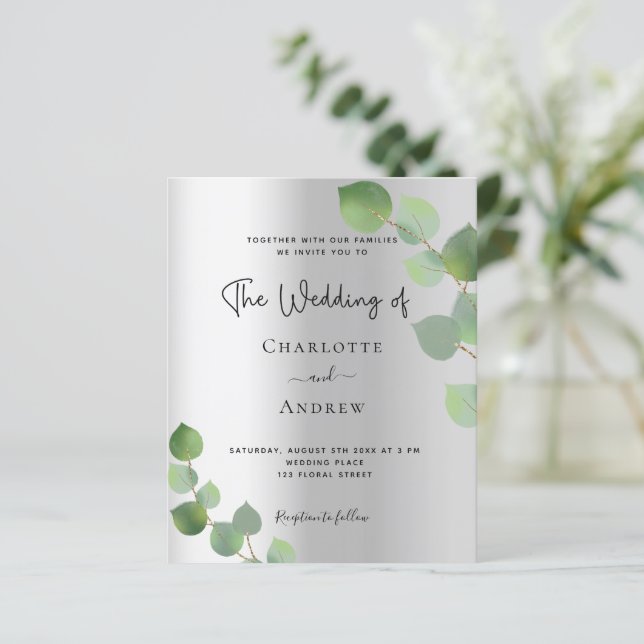 Silver eucalyptus Budget Hochzeitseinladung (Stehend Vorderseite)