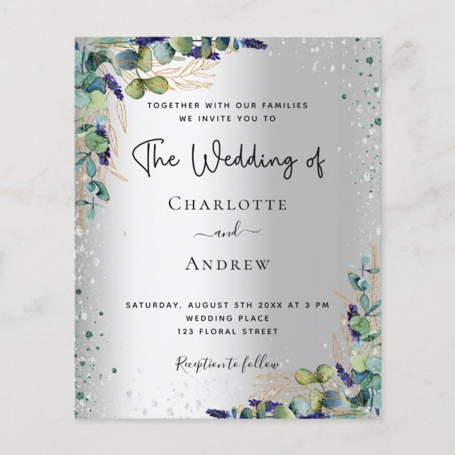 Silver eucalyptus Budget Hochzeitseinladung Flyer (Vorne)