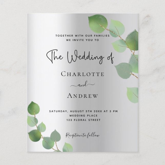 Silver eucalyptus Budget Hochzeitseinladung Flyer (Vorne)
