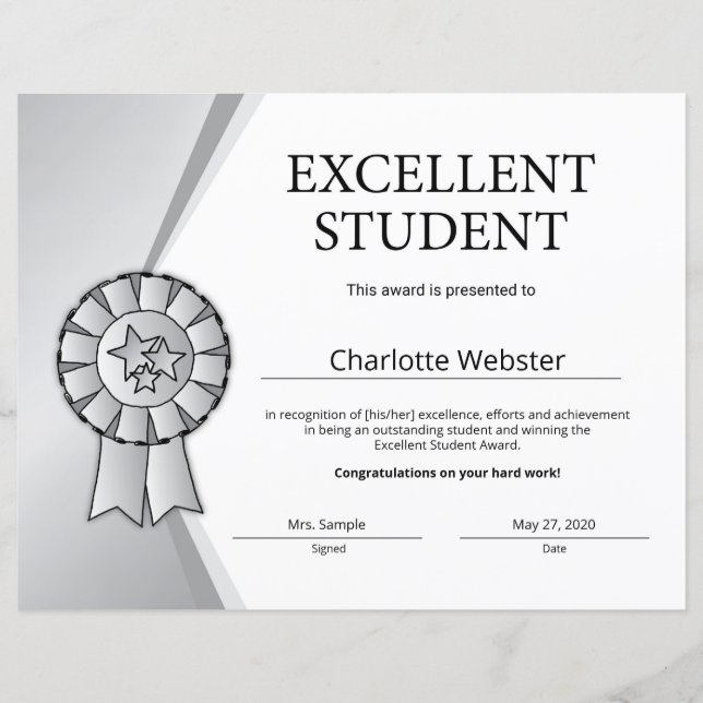 Silver Excellent Student Award Ehrenzertifikat (Vorderseite)