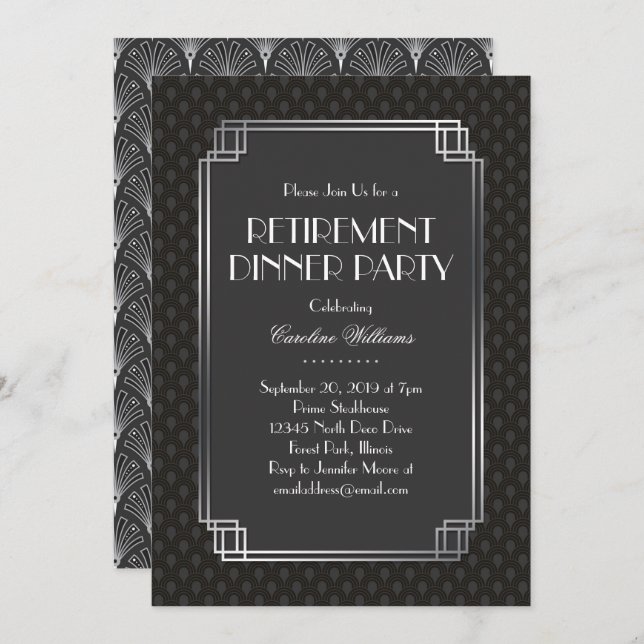 Silver Fans Art Deco Retirement Party Einladung (Vorne/Hinten)