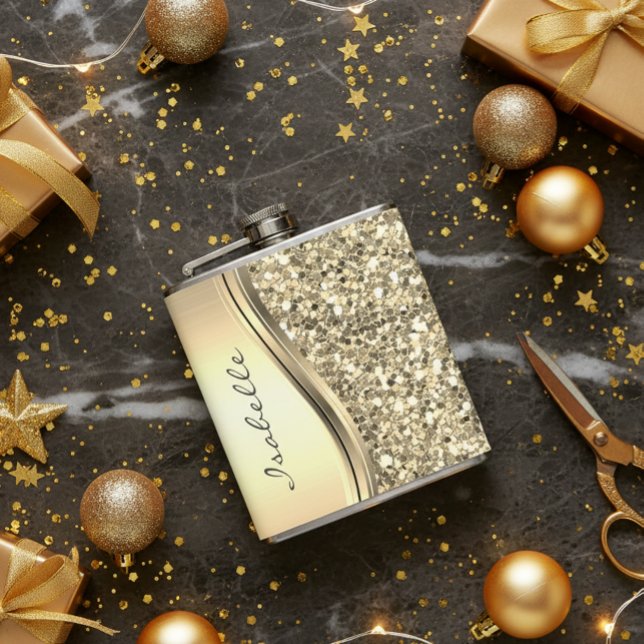 Silver Faux Glitter Glam Bling Personalized Metal Flachmann (Von Creator hochgeladen)