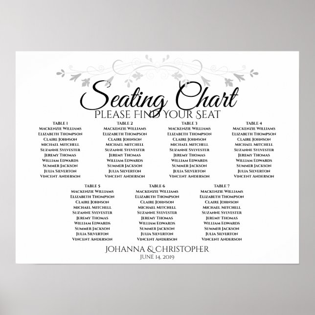 Silver Filigree Chic 7 Table Wedding Chart Poster (Vorne)
