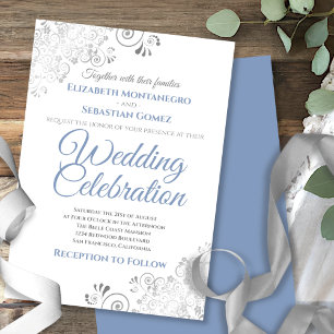 Silver Filigree Elegant Simple Blue Gray Wedding Einladung