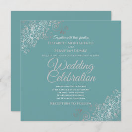 Silver Filigree Elegante Aquamarin Square Wedding Einladung