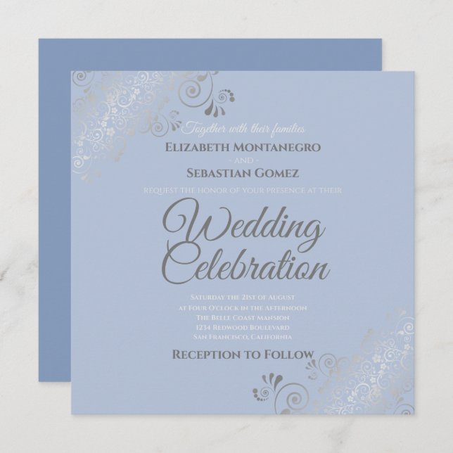 Silver Filigree Elegante Blue Gray Square Wedding Einladung (Vorne/Hinten)