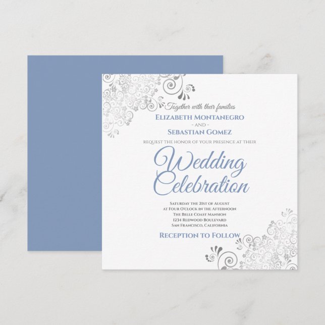 Silver Filigree Elegante Blue Gray Square Wedding Einladung (Vorne/Hinten)