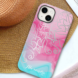 Silver Filigree Henna Ornamente auf rosa Türkis Case-Mate iPhone 14 Hülle