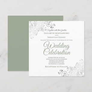 Silver Filigree Sage Green & White Square Wedding Einladung