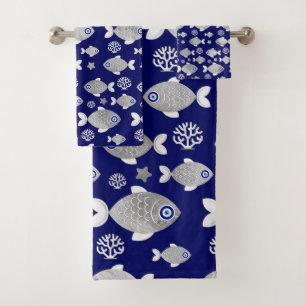Silver Fish Evil Eye Pattern Badhandtuch Set