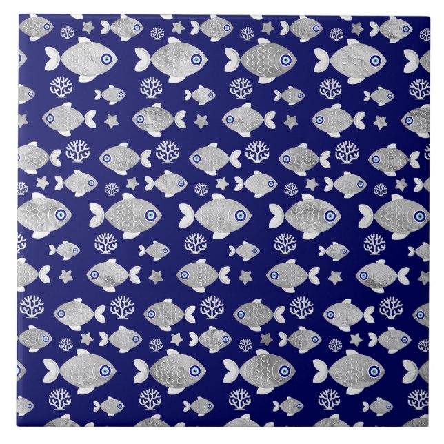 Silver Fish Evil Eye Pattern Fliese (Vorderseite)