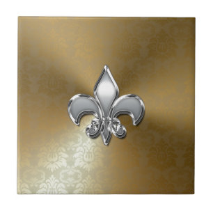 Silver Fleur-De-Lis auf Gold Damask Fliese