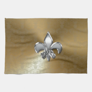 Silver Fleur-De-Lis auf Gold Damask Geschirrtuch