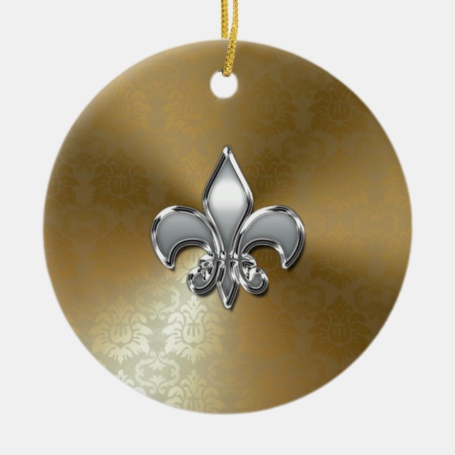Silver Fleur-De-Lis auf Gold Damask Keramikornament (Vorne)