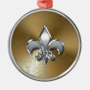 Silver Fleur-De-Lis auf Gold Damask Silbernes Ornament
