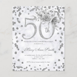 Silver Floral 50. Geburtstag Einladung Marmor Flyer