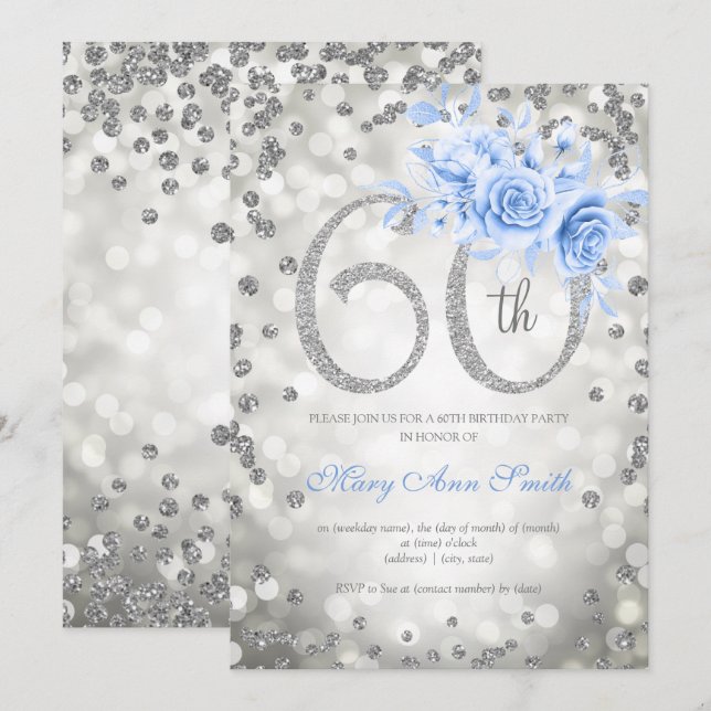 Silver Floral 60. Geburtstag Blue Lights Einladung (Vorne/Hinten)