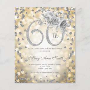 Silver Floral 60. Geburtstag Gold Lights Einladung Flyer
