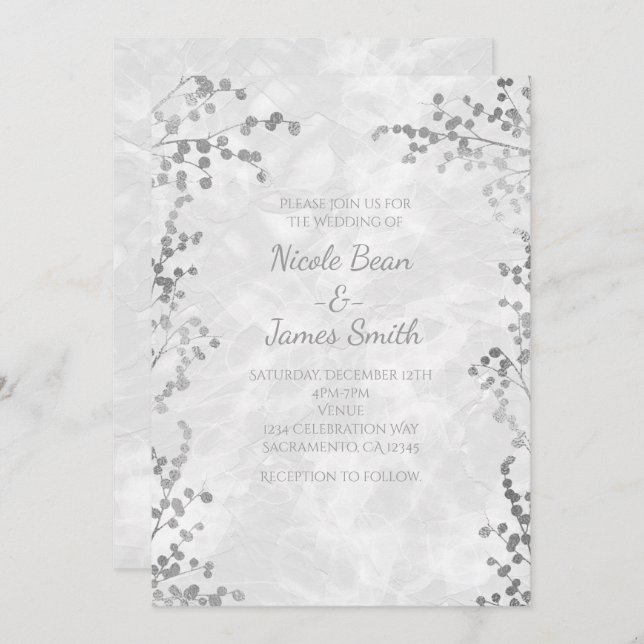 Silver Floral Berries Elegante Hochzeiten Einladun Einladung (Vorne/Hinten)
