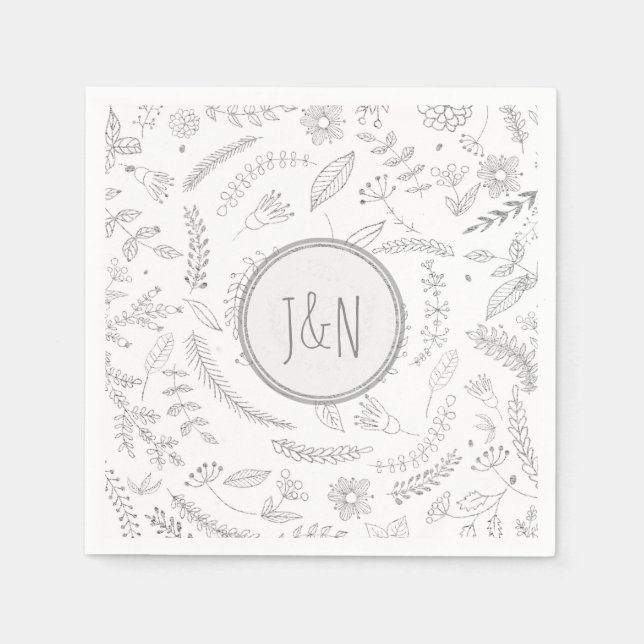Silver Floral Blätter Rustikale Hochzeitsempfehlun Serviette (Vorderseite)