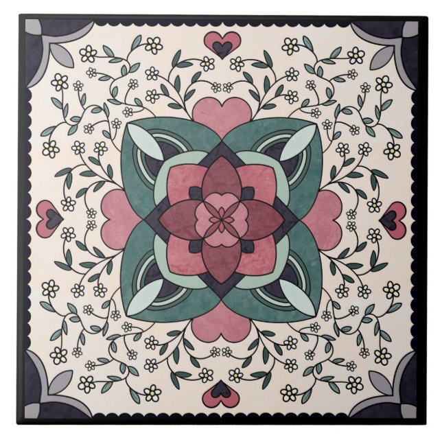 Silver Floral Bloom Retro Mandala Keramik Tile Fliese (Vorderseite)