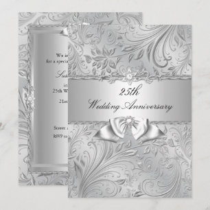 Silver Floral & Bow 25. Hochzeitstag Einladung