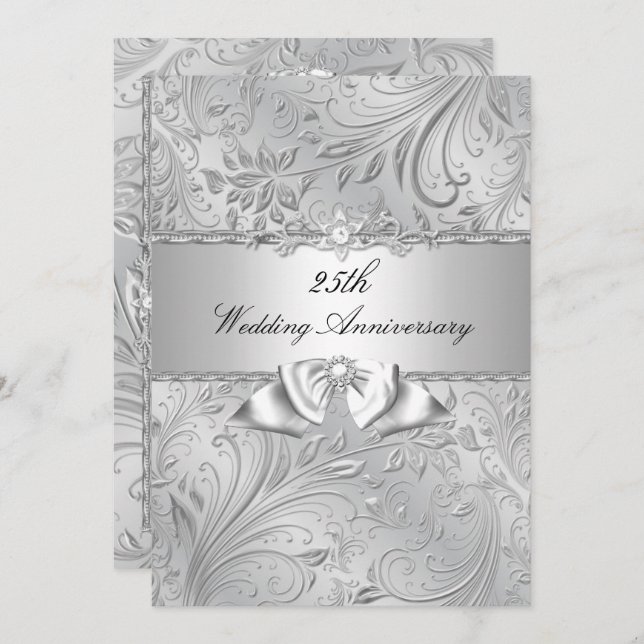 Silver Floral & Bow 25. Hochzeitstag Einladung (Vorne/Hinten)