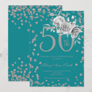 Silver Floral & Confetti 50. Geburtstagsparty Aqua Einladung