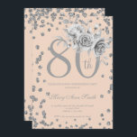 Silver Floral & Confetti 80th Birthday Blush  Einladung<br><div class="desc">Elegante 80. Geburtstagsparty Silver Floral & Glitzer Confetti Einladung Vorlage. Mit einer modernen Blume.</div>