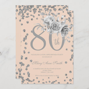 Silver Floral & Confetti 80th Birthday Blush  Einladung