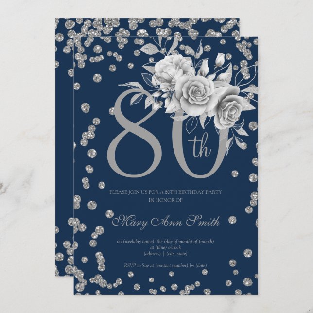 Silver Floral & Confetti 80th Birthday Navy Einladung (Vorne/Hinten)